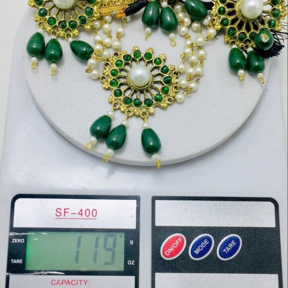 Green Stone and White Pearls Jewelry Set, Tribal Stones and Pearls Jewelry, - Picture 9 of 9